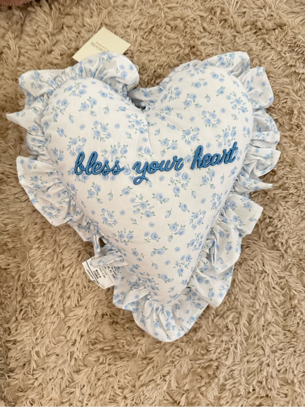 T.J.Maxx Heart Pillow - Blue Floral "bless your heart"